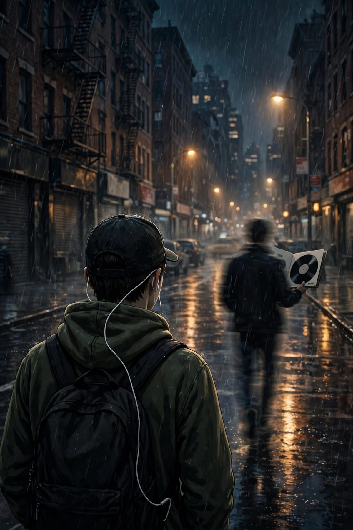 Illustration: a young musician in a hoodie walking away down a rainy New York street at night