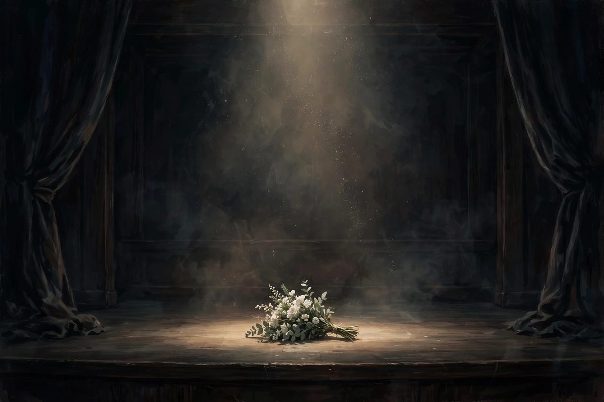 Illustration: an empty theatre stage lit by a single soft spotlight, with a small bouquet of white flowers at centre stage, no people shown