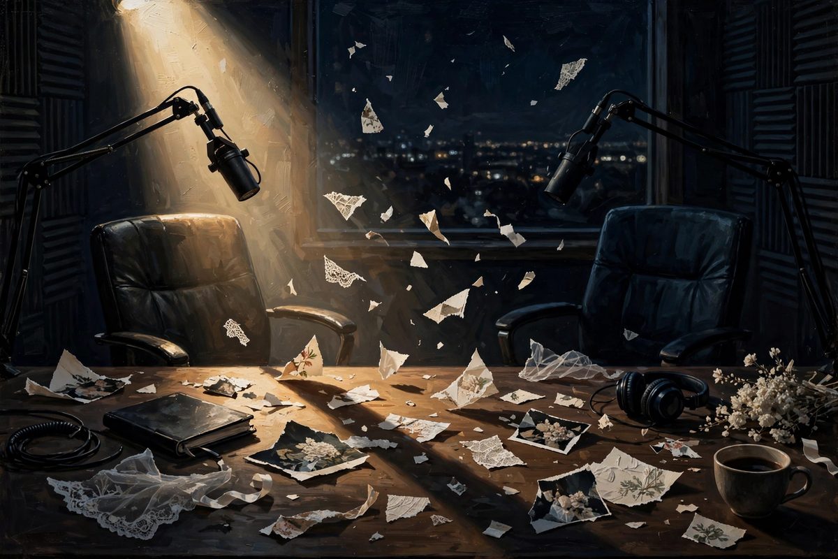 Illustration: an empty podcast studio at night with torn photographs scattered across a desk