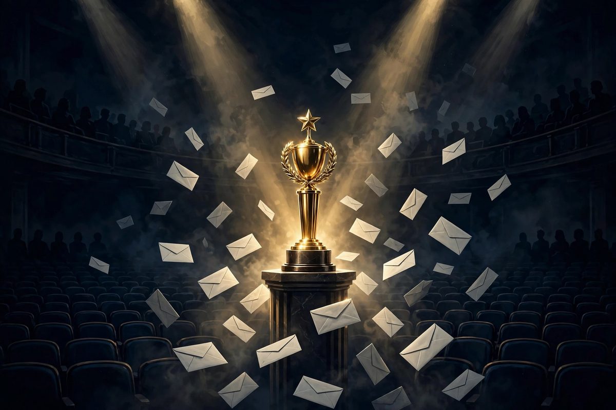 Illustration: a golden trophy on a pedestal surrounded by floating ballot envelopes in a theatre