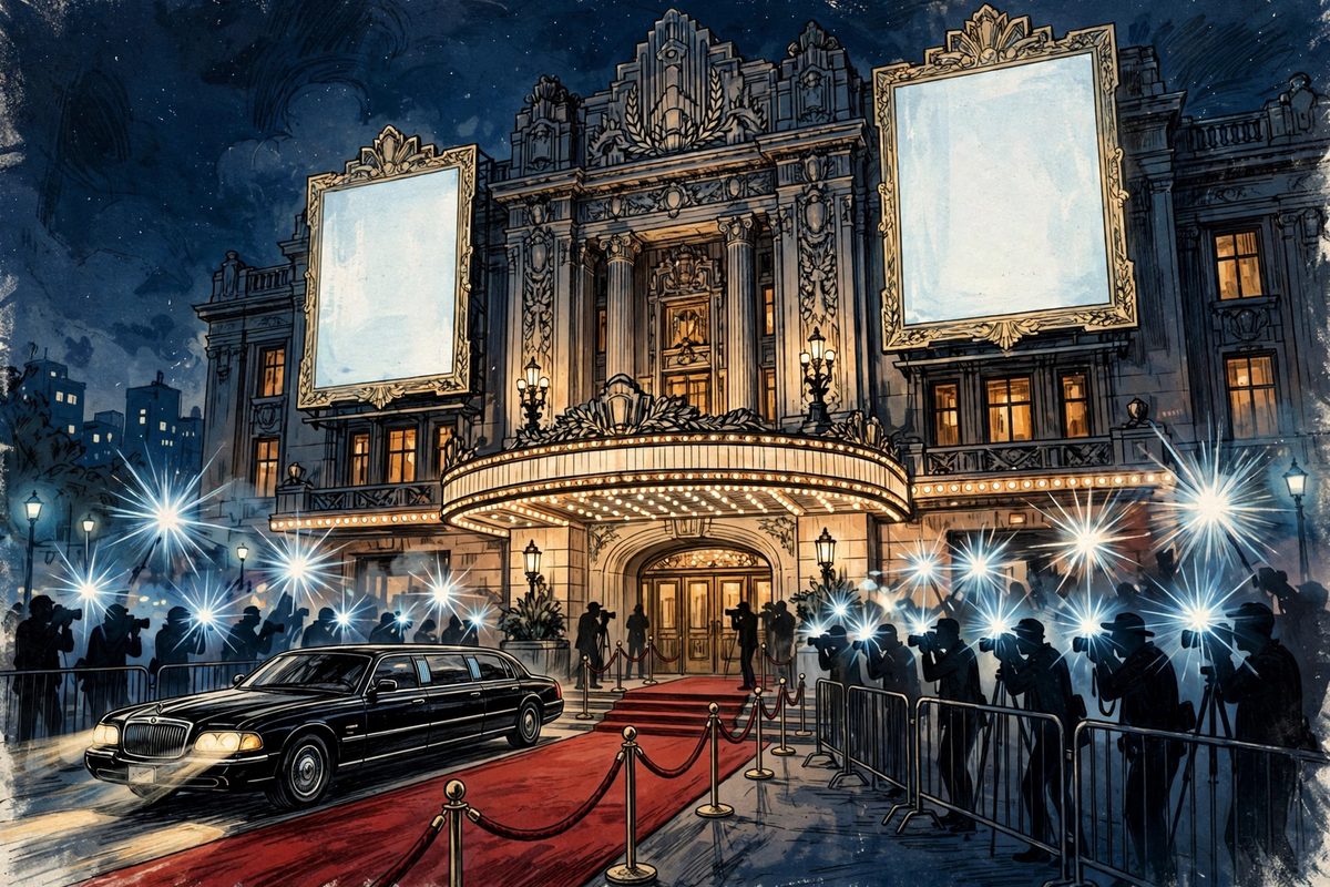 Illustration: a red carpet outside a grand cinema palace with a limousine and camera flashes