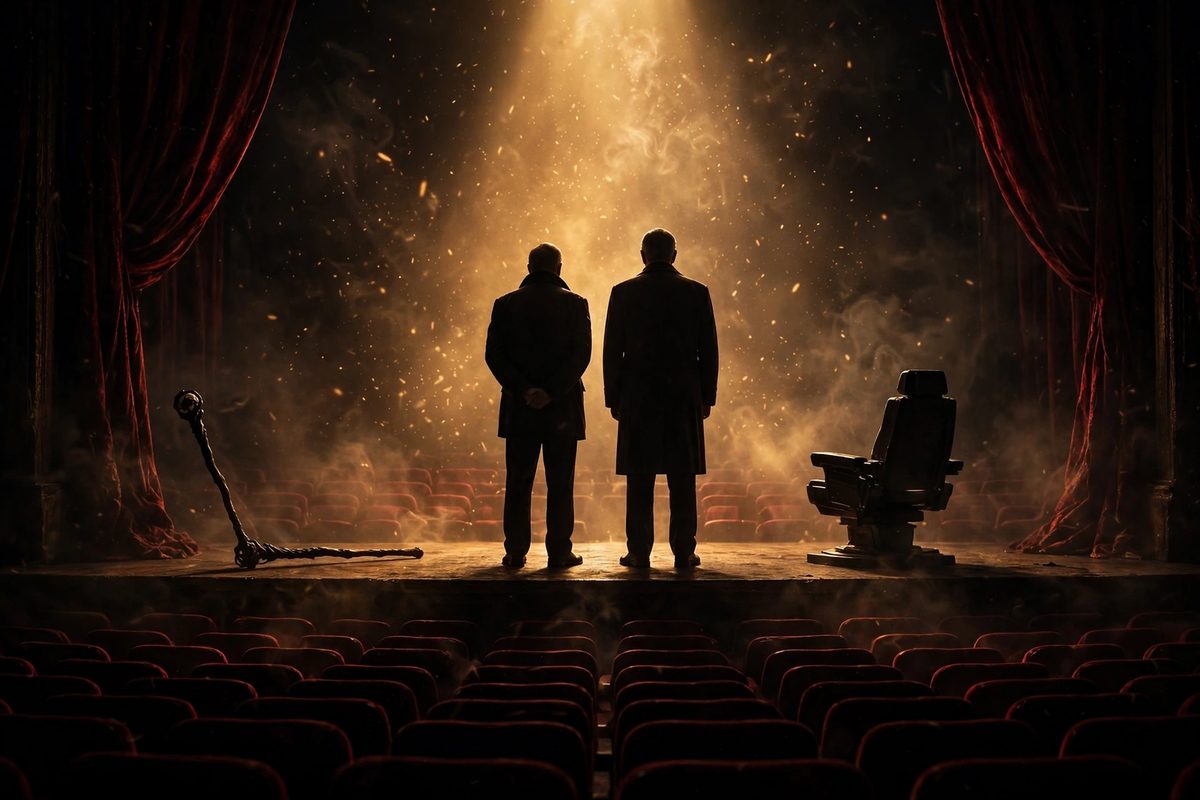 Illustration: two silhouetted figures seen from behind on an empty theatre stage under a warm spotlight, faces not shown, no text