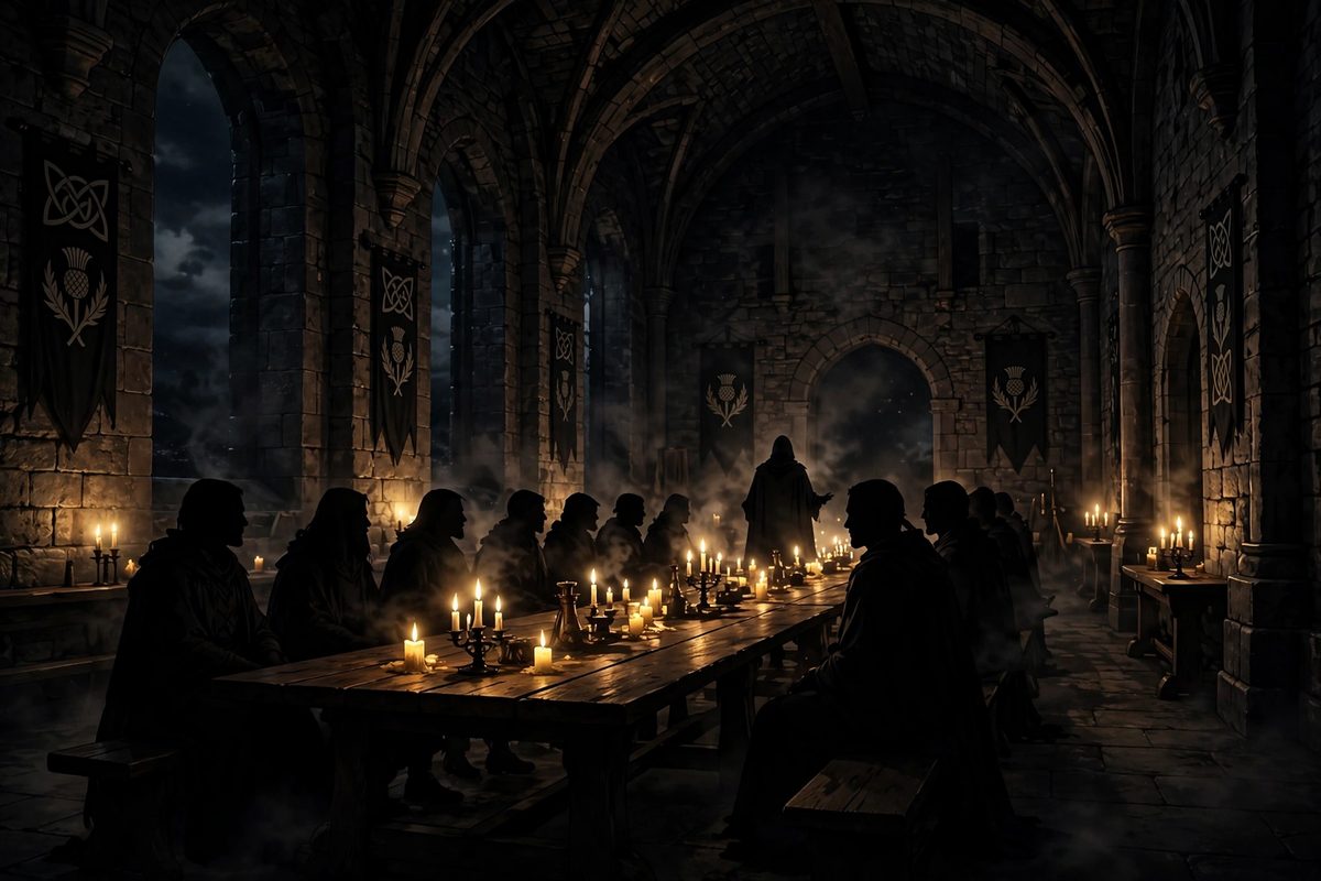 Illustration: silhouetted figures around a long candlelit table in a dim stone castle hall, one standing figure seen from behind, faces not shown, no text