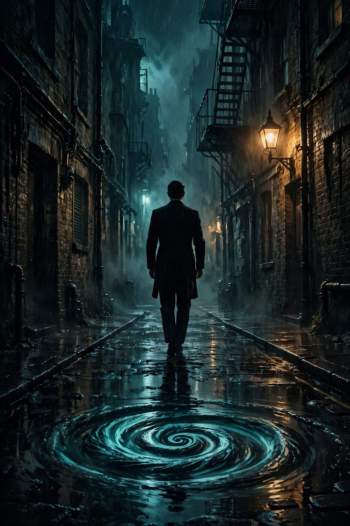Illustration: a tuxedoed silhouette under a gun-barrel spiral reflection on a rain-lit London street