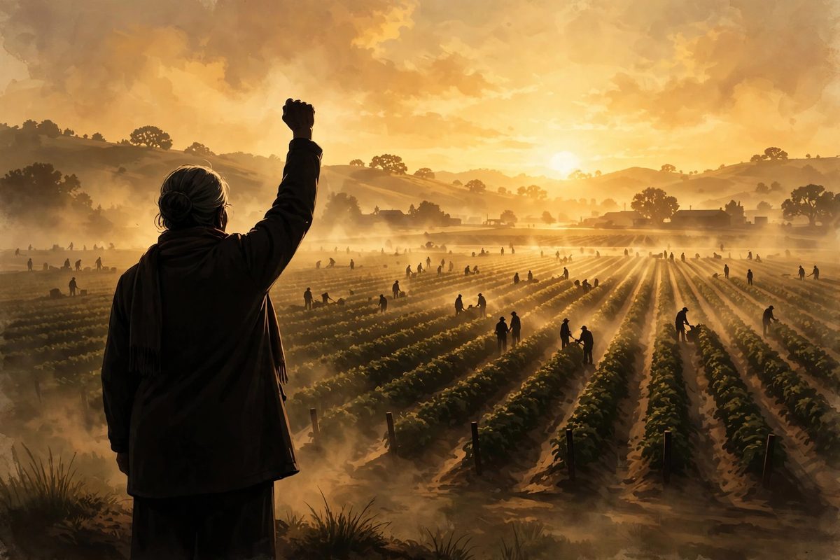 Illustration: a woman seen from behind as a silhouette with a raised fist in a golden farm field at sunset, distant farmworkers among crop rows, faces not shown, no text