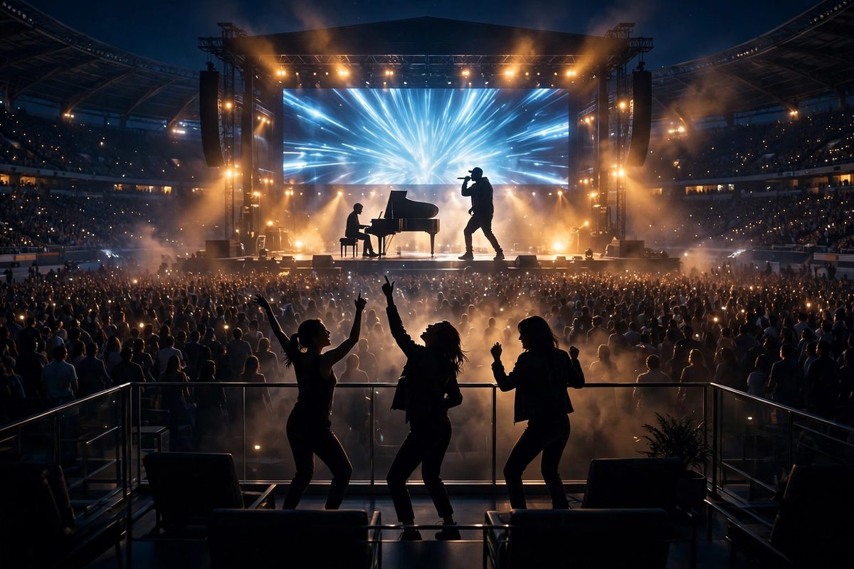 Illustration: a silhouetted rapper on a stadium stage beside a grand piano, with three silhouetted women dancing in a VIP suite under golden stage lights