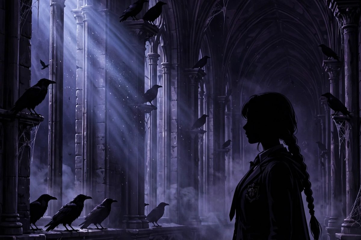 Illustration: a silhouetted young woman with long dark braided hair in a gothic academy corridor