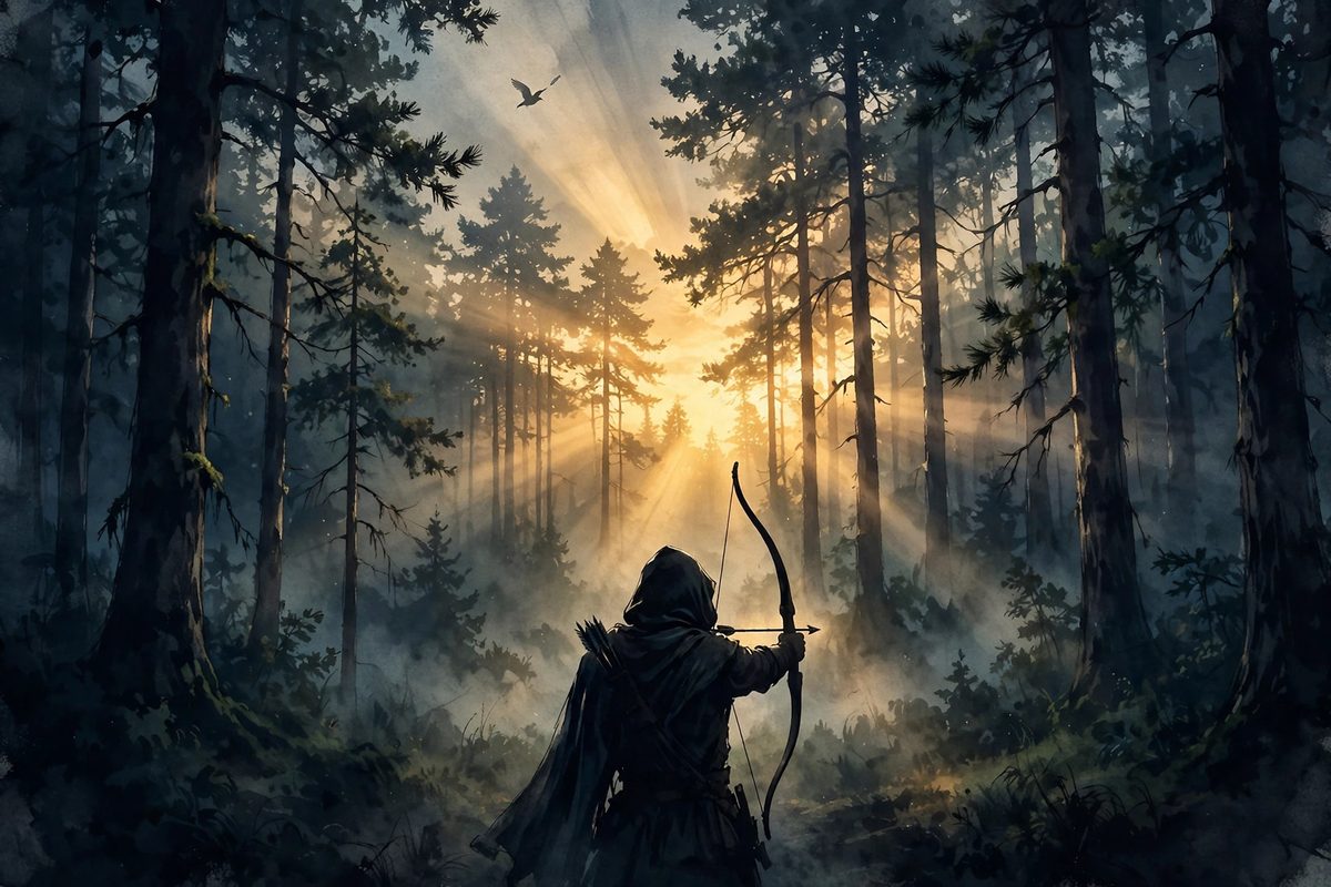 Illustration: a hooded archer silhouette seen from behind with a drawn bow in a misty forest at golden dawn, a bird overhead, faces not shown