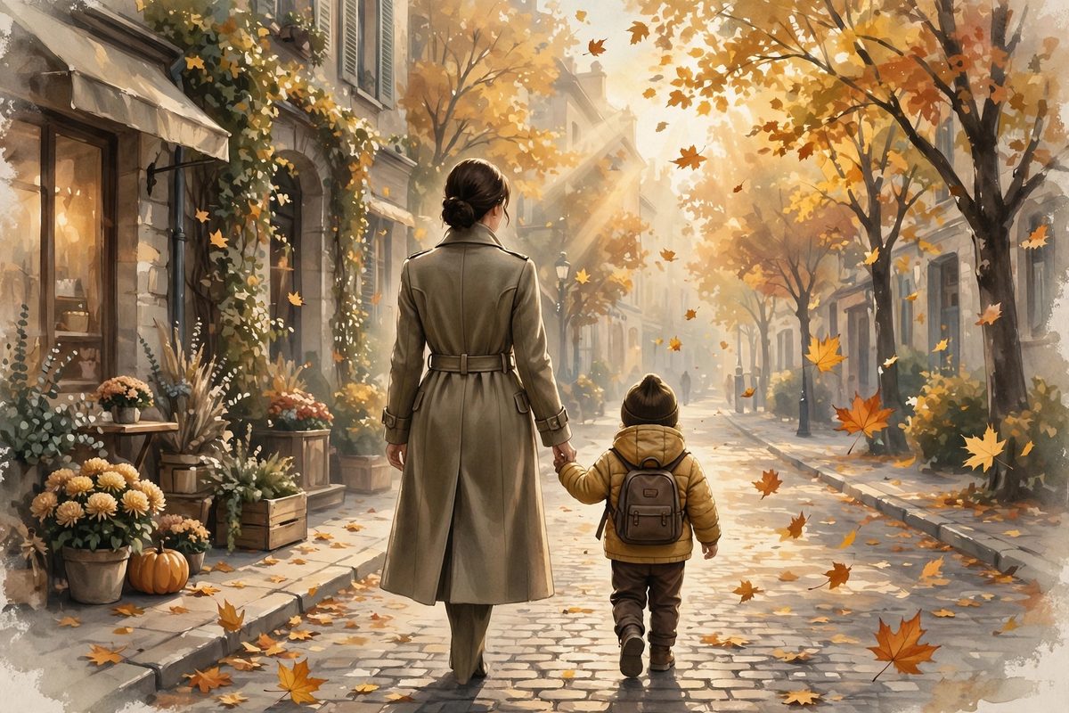 Illustration: a woman in a coat seen from behind, holding a small child’s hand on a golden autumn street, faces not shown