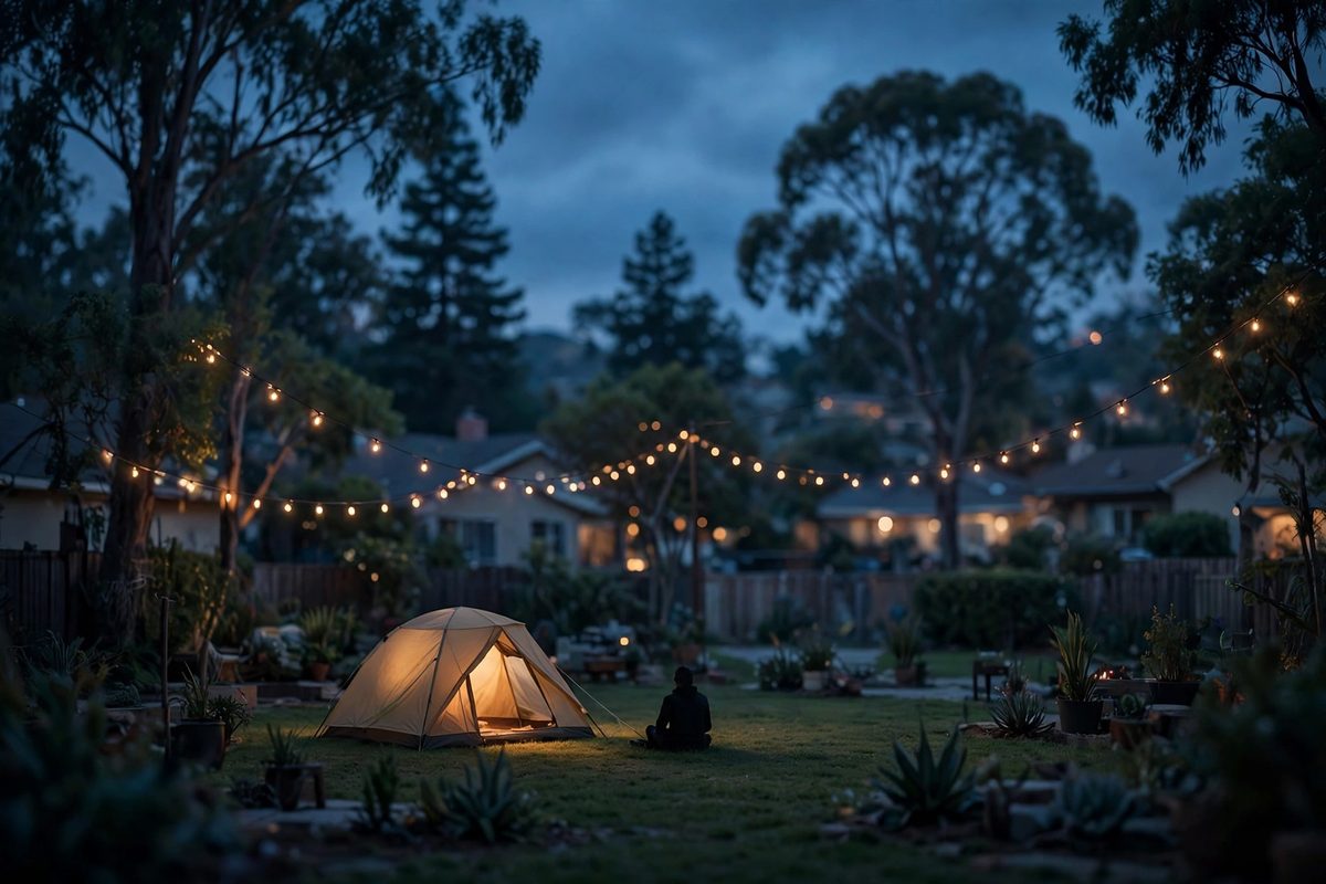 Illustration: a glowing camping tent in a backyard at dusk with a silhouetted figure sitting beside it, faces not shown, no text