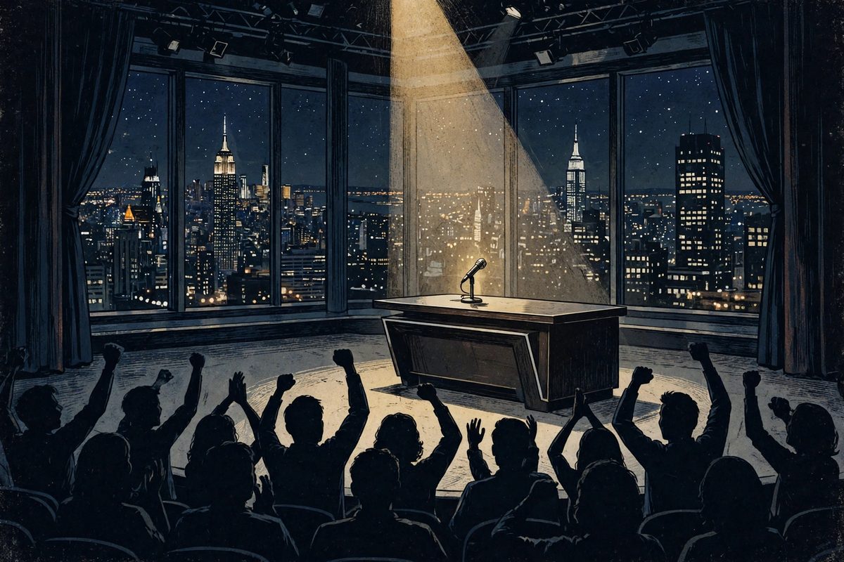 Illustration: a late-night talk show stage with an empty host desk, spotlight and cheering audience silhouettes