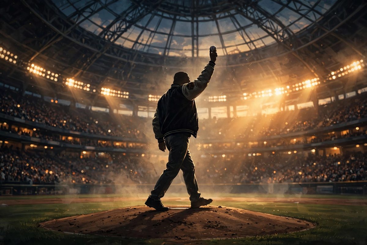 Illustration: a silhouetted baseball figure standing on a pitcher's mound at dusk under stadium floodlights