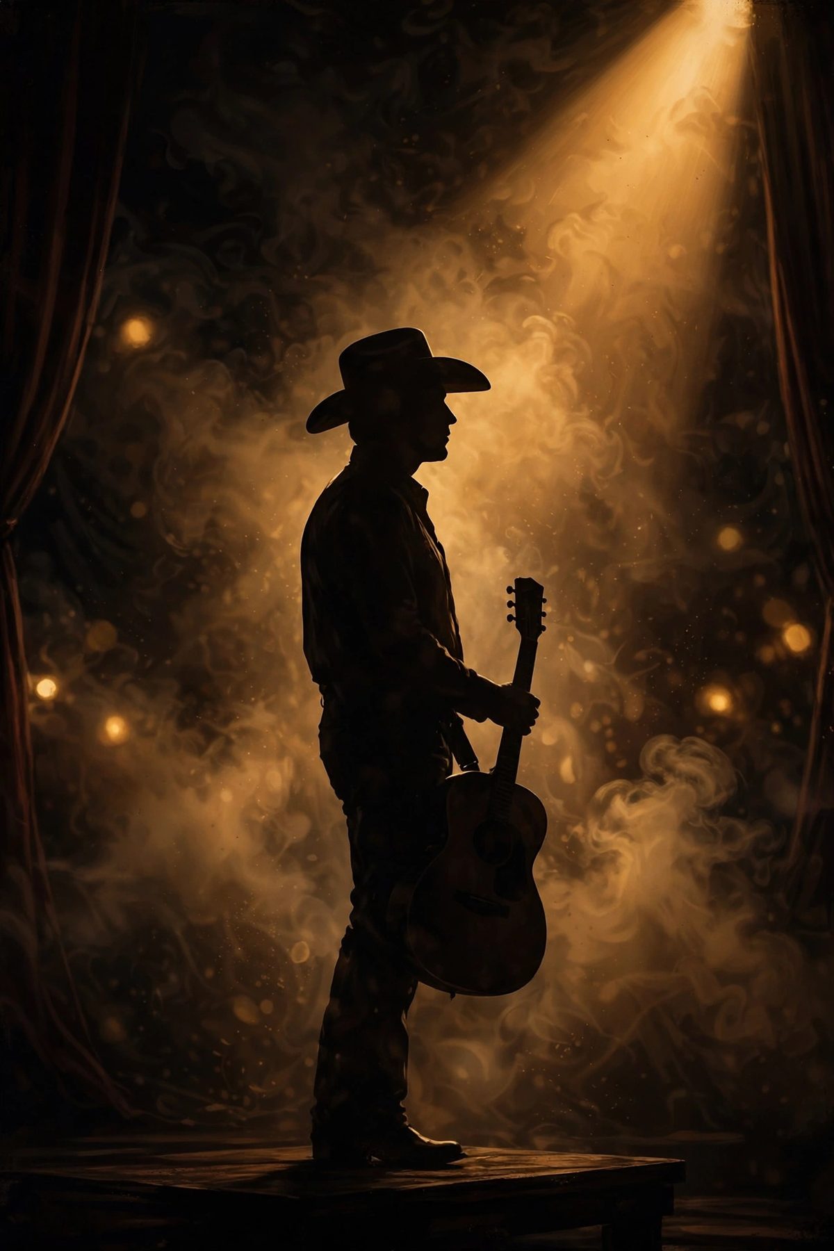 Illustration: a country singer with a guitar on a dark stage