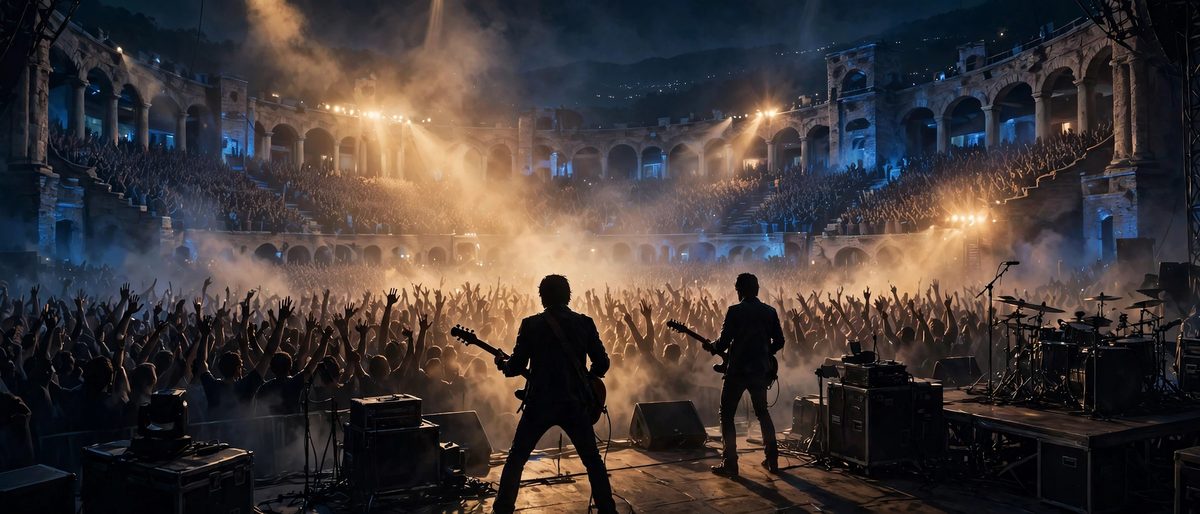 Illustration: two guitarist silhouettes seen from behind on a floodlit outdoor stage before a huge night crowd, faces not shown, no text