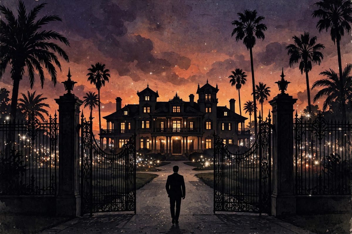 Illustration: a silhouetted man in a suit walking away from a grand mansion behind iron gates at dusk, palm trees and warm party lights, faces not shown