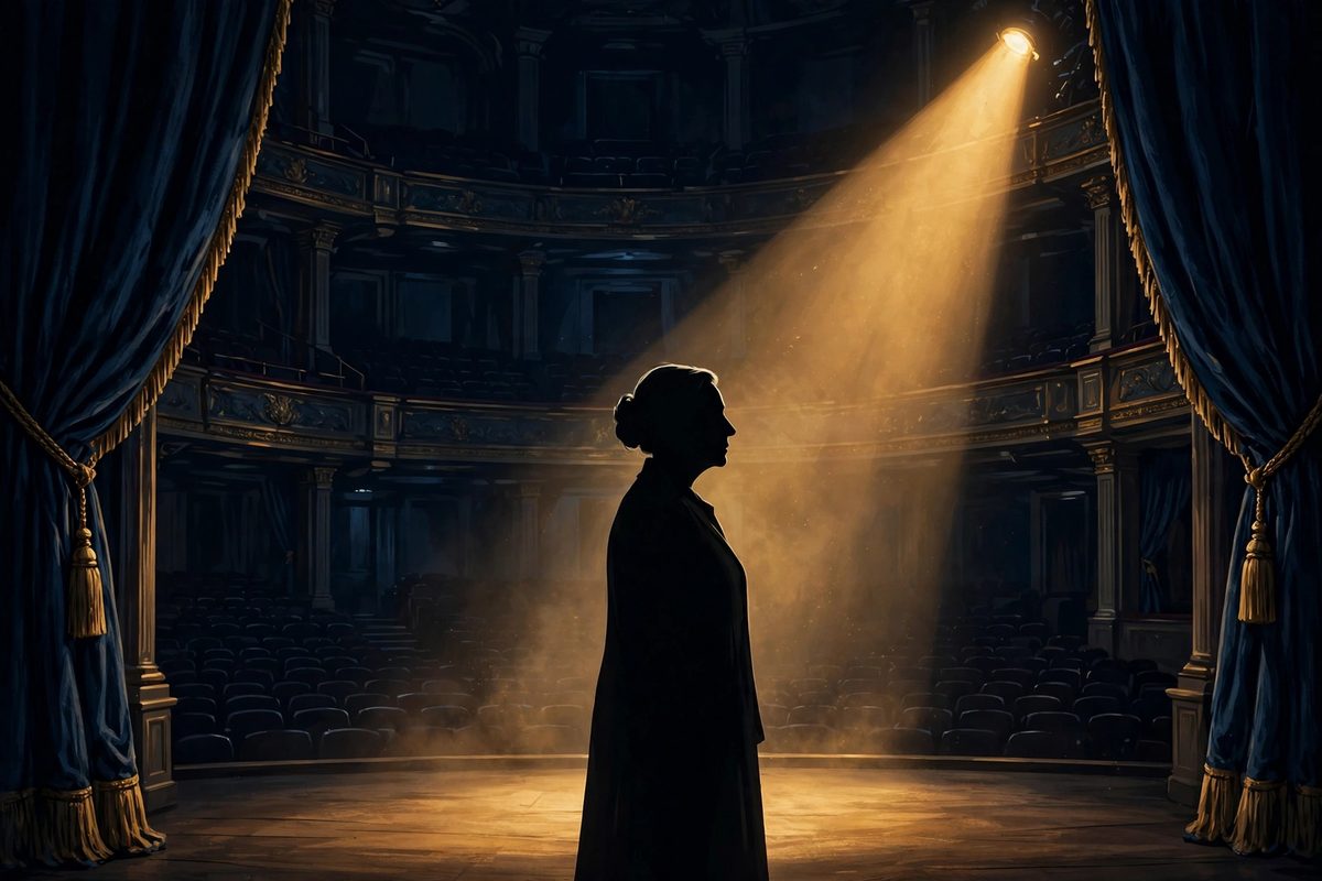 Illustration: an elderly actress on an empty theatre stage