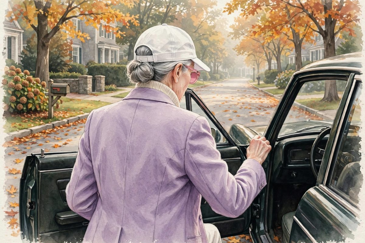 Illustration: an elegant elderly woman in a lilac jacket and white baseball cap stepping out of a car