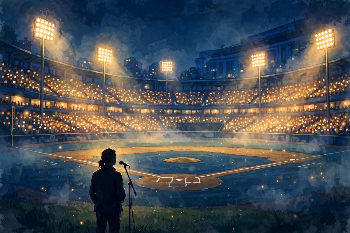 Illustration: a singer silhouette seen from behind at a microphone on a floodlit baseball field at night, faces not shown