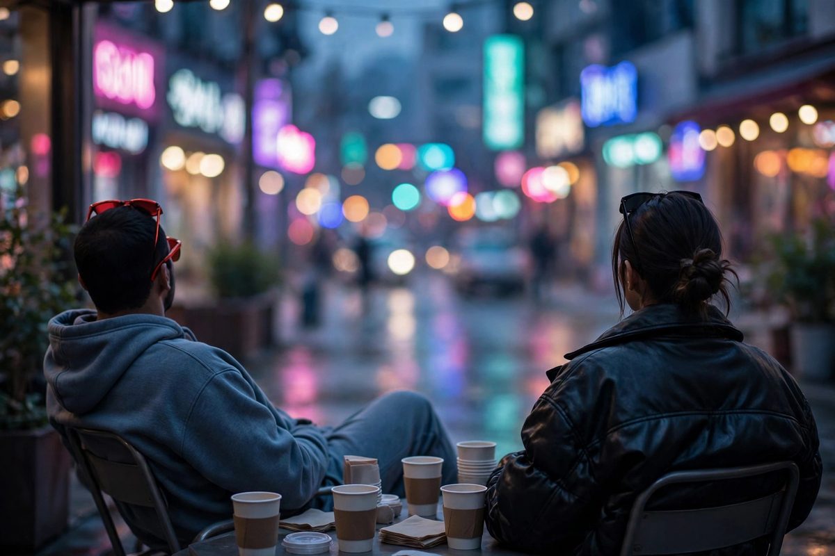 Illustration: two figures seen from behind at a cafe table on a neon-lit Seoul street at dusk, faces not shown, no text