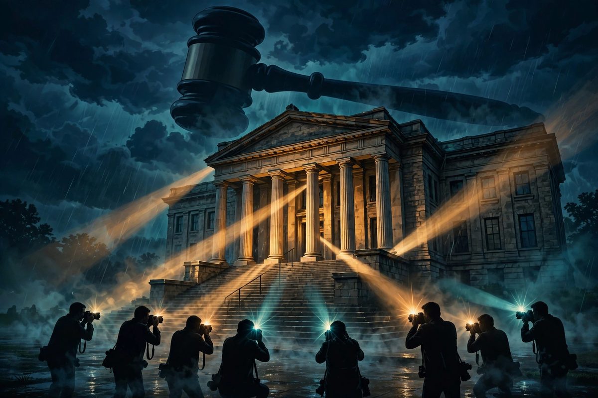 Illustration: a grand courthouse at dusk under sweeping spotlights, a gavel silhouette in the sky and press camera flashes in the foreground