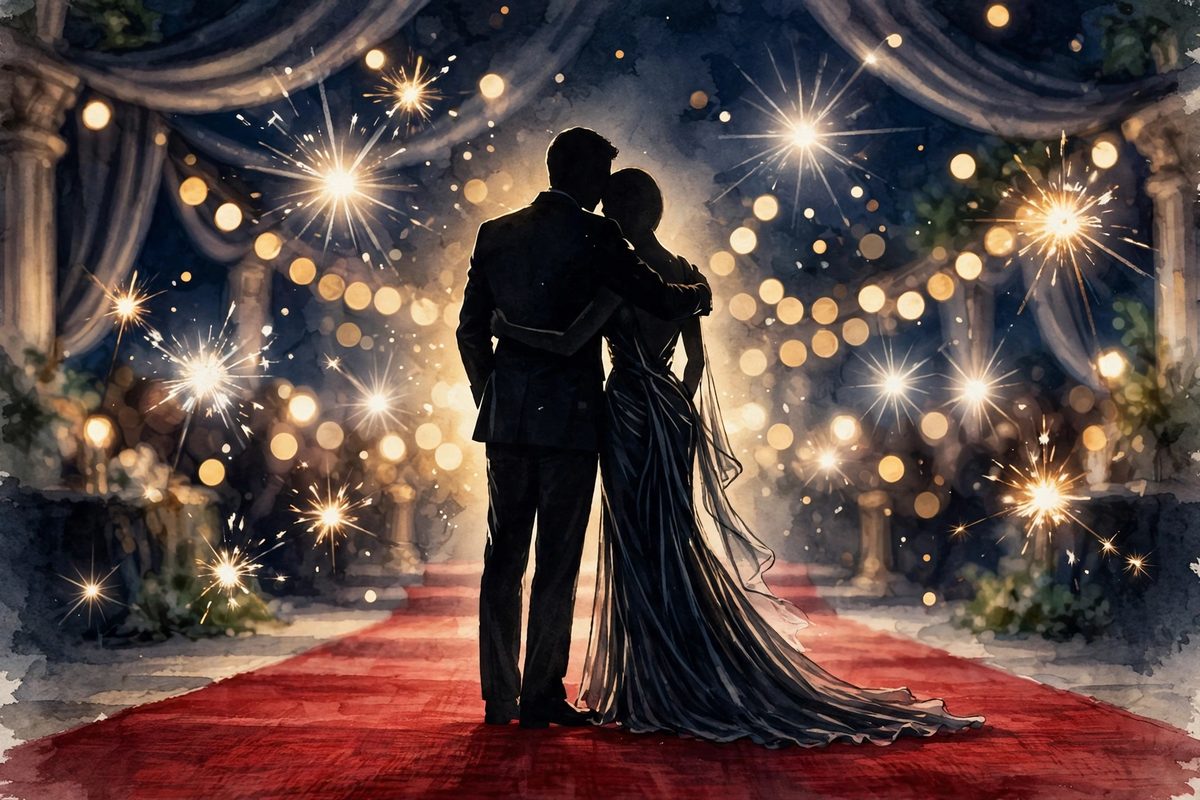Illustration: two silhouetted figures sharing a hug on a red carpet amid camera flashes