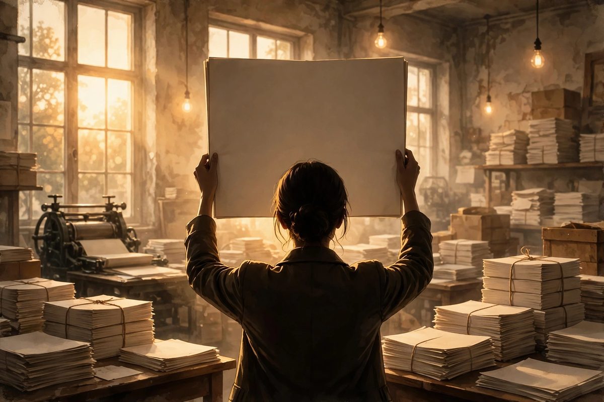Illustration: a woman seen from behind as a silhouette holding an oversized blank magazine in a warm-lit newsroom, face not shown, no text