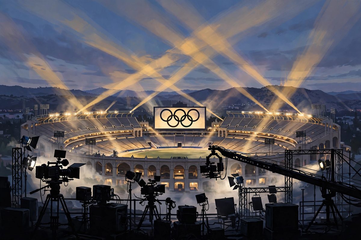Illustration: a Los Angeles stadium at dusk under sweeping spotlights, with film cameras and lighting rigs in silhouette in the foreground, faces not shown