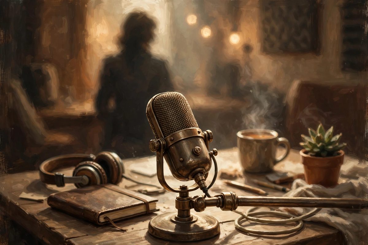 Illustration: a vintage podcast microphone with a warm studio glow