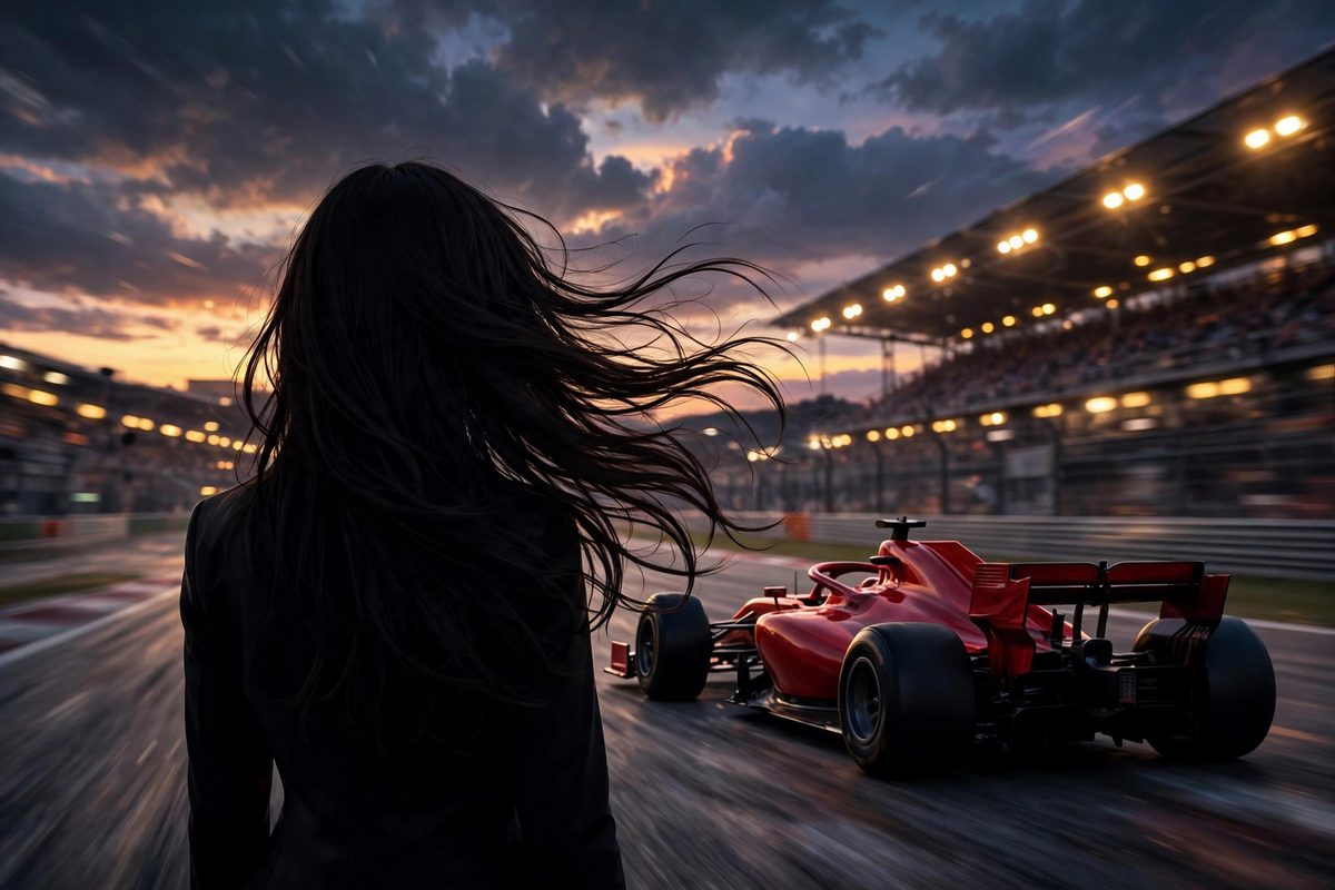 Illustration: a woman's silhouette watching a red Formula 1 car at dusk