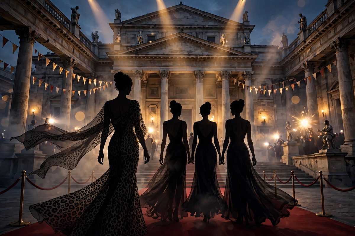 Illustration: silhouetted figures in flowing evening gowns on a red carpet outside a grand Roman concert hall at dusk, under golden spotlights and camera flashes