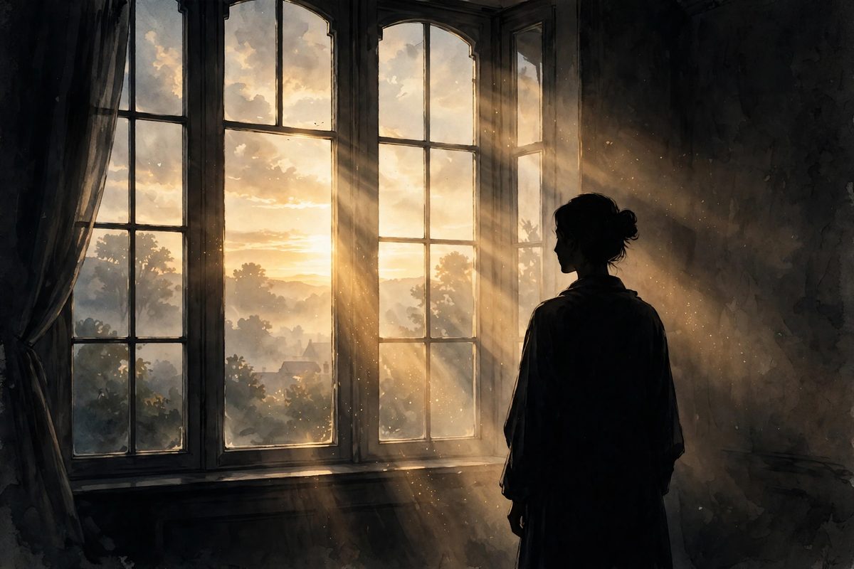 Illustration: a silhouetted woman seen from behind standing beside a large window at dawn, soft golden light, face not shown, no text