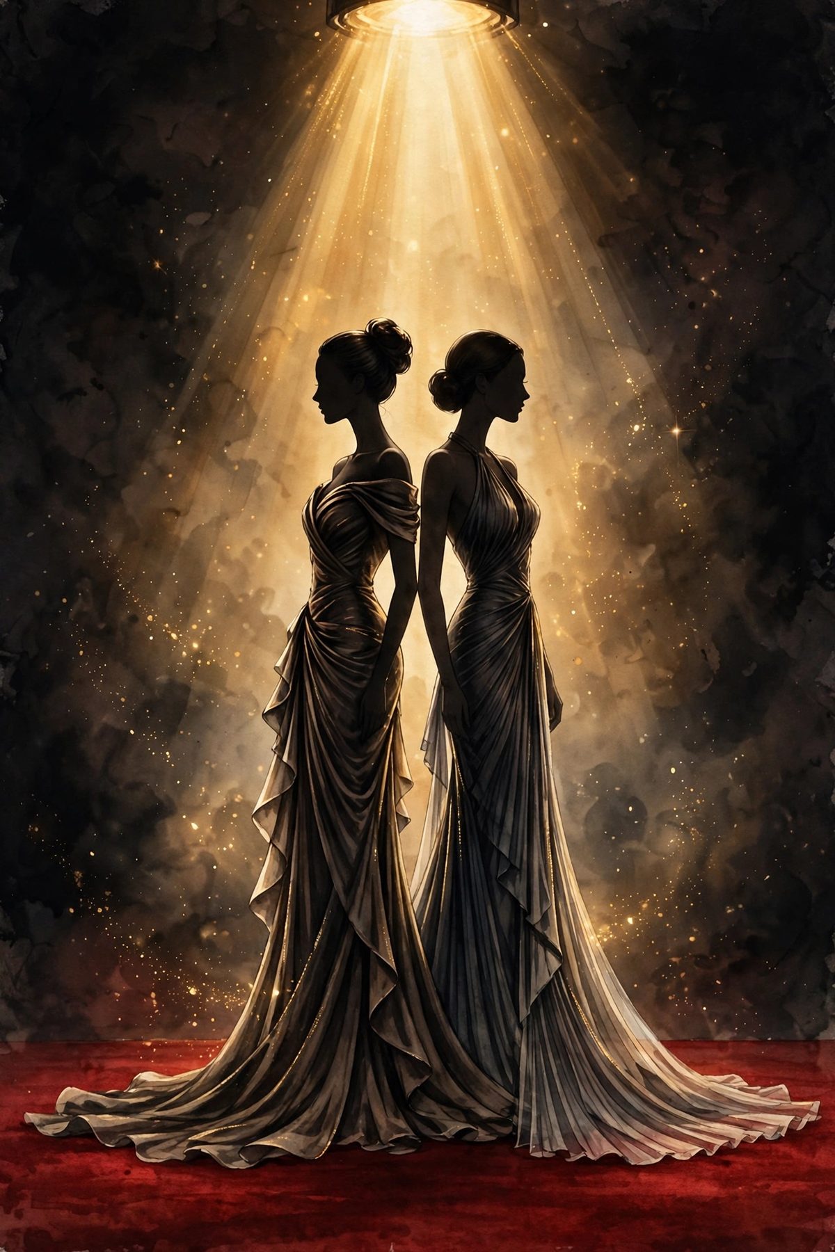 Illustration: two elegant female silhouettes back to back on a red carpet under golden spotlight