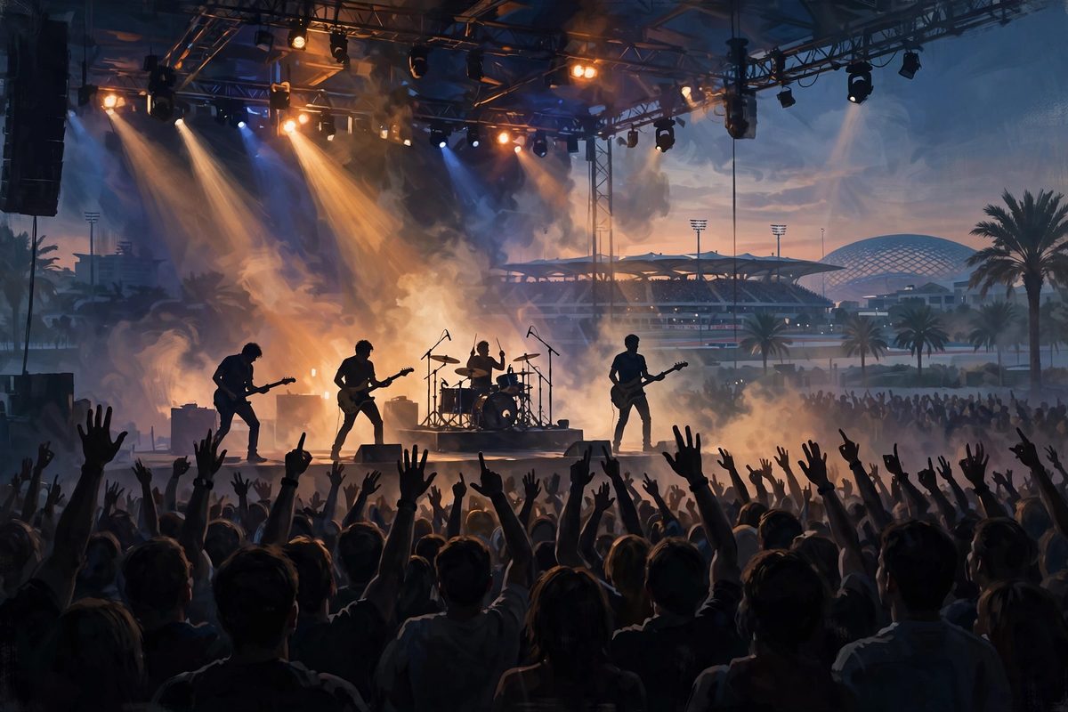 Illustration: silhouettes of a rock band on an outdoor stage at dusk on Yas Island, with crowd silhouettes in front, faces not shown