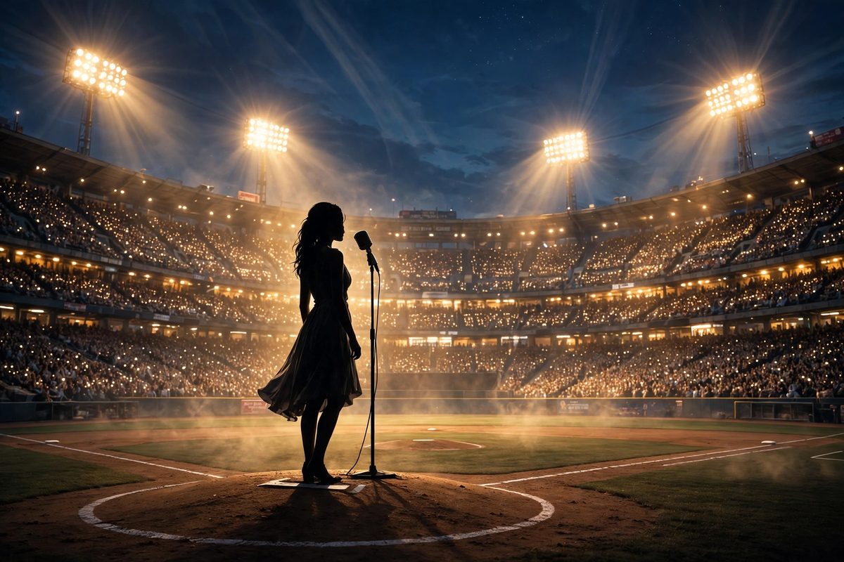 Illustration: a silhouetted singer at a microphone on a baseball mound under bright stadium floodlights at night