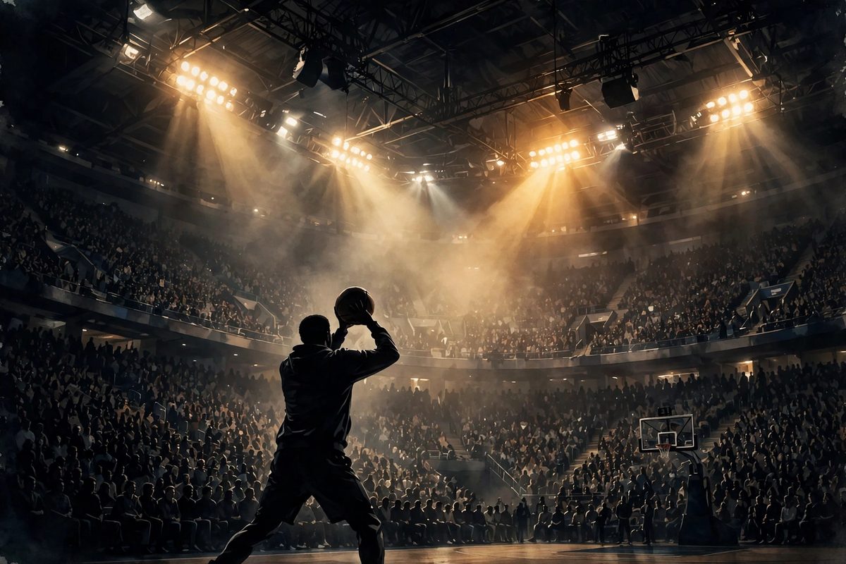 Illustration: a basketball player's silhouette practicing a shot under bright arena lights before a packed stadium