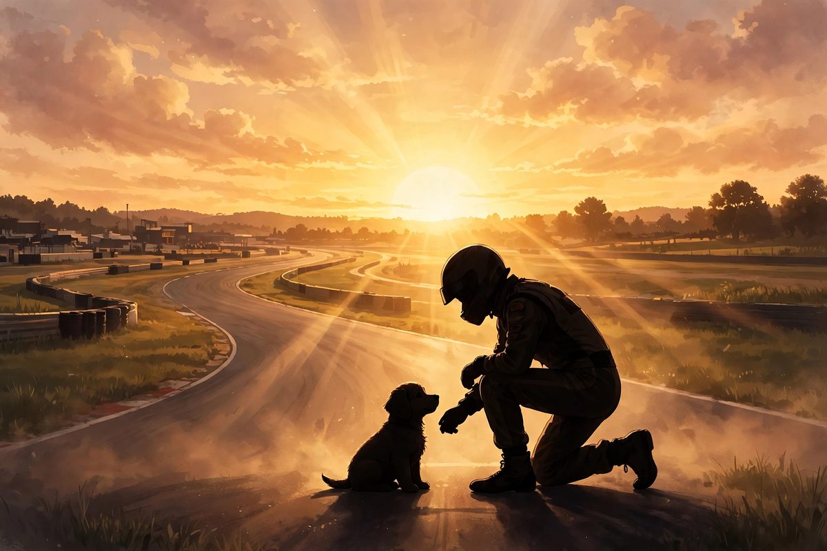 Illustration: a racing driver silhouetted beside a golden retriever puppy at sunset on a racetrack