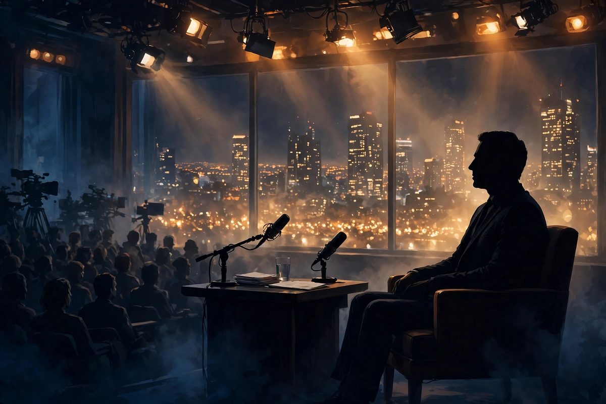 Illustration: a silhouetted man in a suit seated in a talk-show guest chair beside a host desk, in profile against warm studio lights and a glowing city skyline