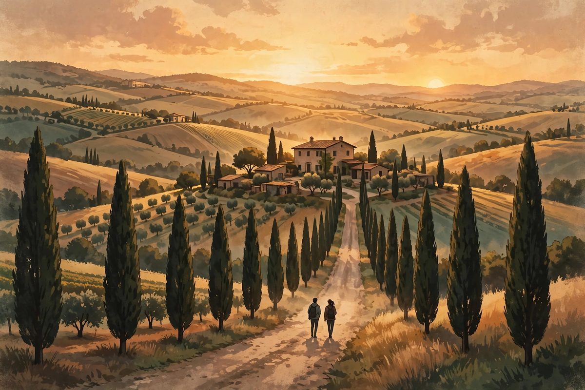 Illustration: a Tuscan countryside road at sunset with cypress trees and an old stone villa