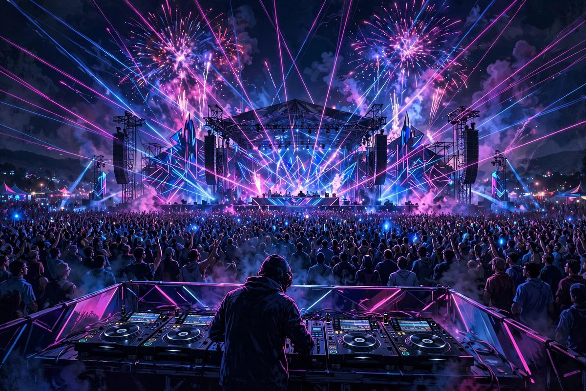 Illustration: a DJ on a festival main stage