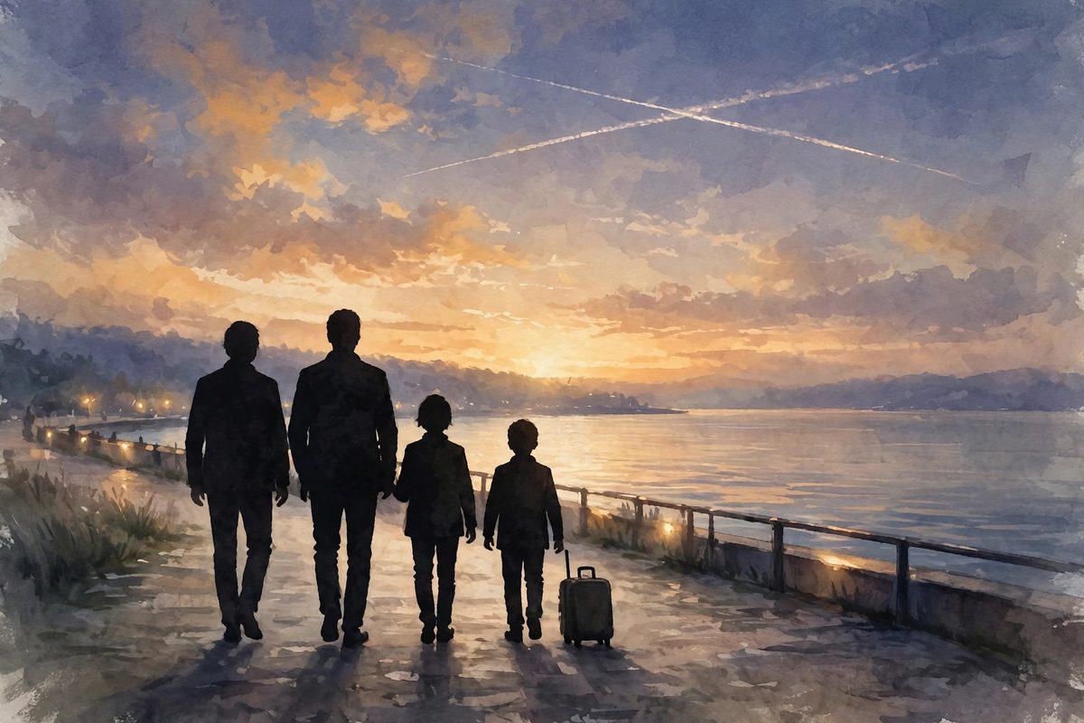 Illustration: silhouettes of a family of four walking away along a seaside promenade at golden dusk, faces not shown