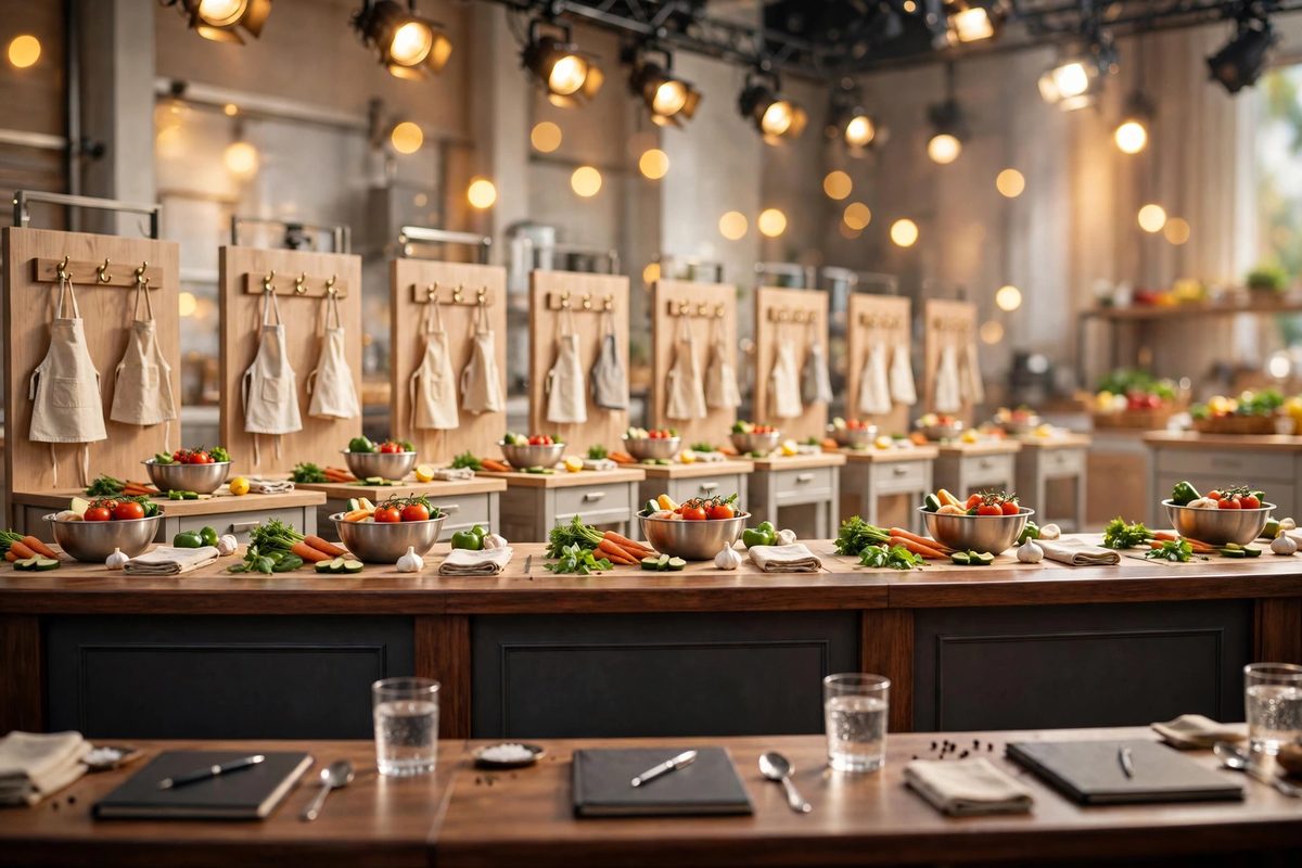 Illustration: a bright television cooking studio with junior cooking stations, hanging aprons and bowls of fresh vegetables under warm studio lights