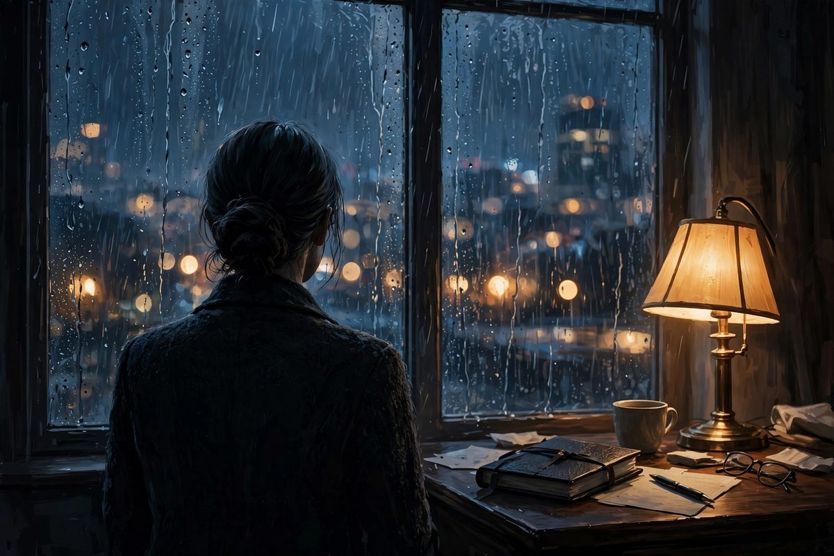 Illustration: a woman's silhouette at a rain-streaked window at dusk, seen from behind