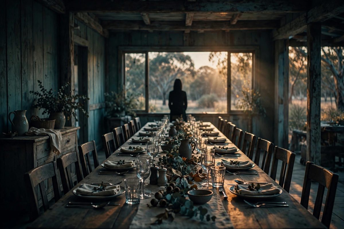 Illustration: a silhouetted woman seen from behind at the far end of a long dining table in a dim country house, warm window light and eucalyptus trees outside, faces in shadow