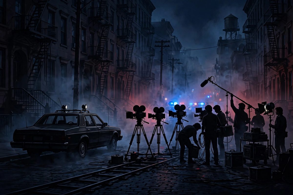 Illustration: a nighttime film set on a city street, with a vintage detective car, cameras and crew silhouettes under a night sky