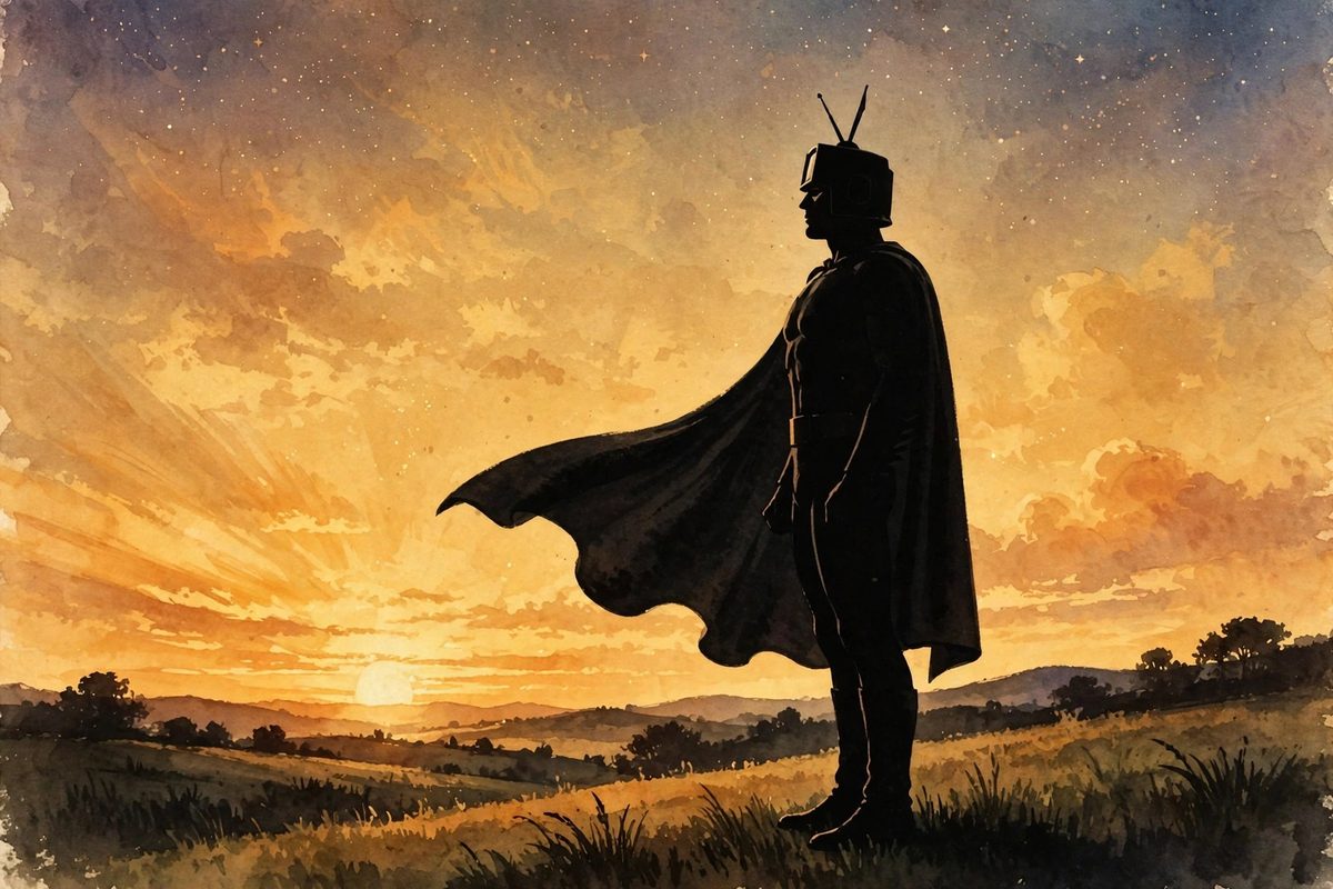 Illustration: a caped superhero silhouette against a golden retro sunset sky