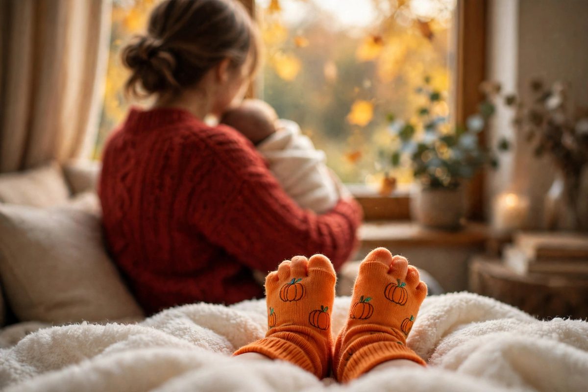 Illustration: a mother seen from behind in a red sweater cradling an infant whose face is not shown, with tiny feet in orange pumpkin-pattern socks on a soft white blanket in the foreground, warm autumn light, no text