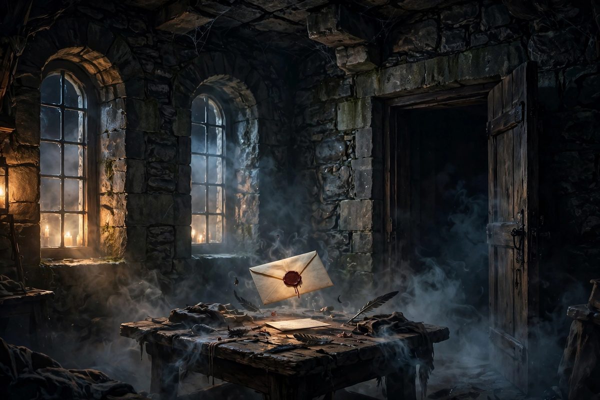 Illustration: a Scottish castle tower at night with a glowing diary-room door and a sealed letter