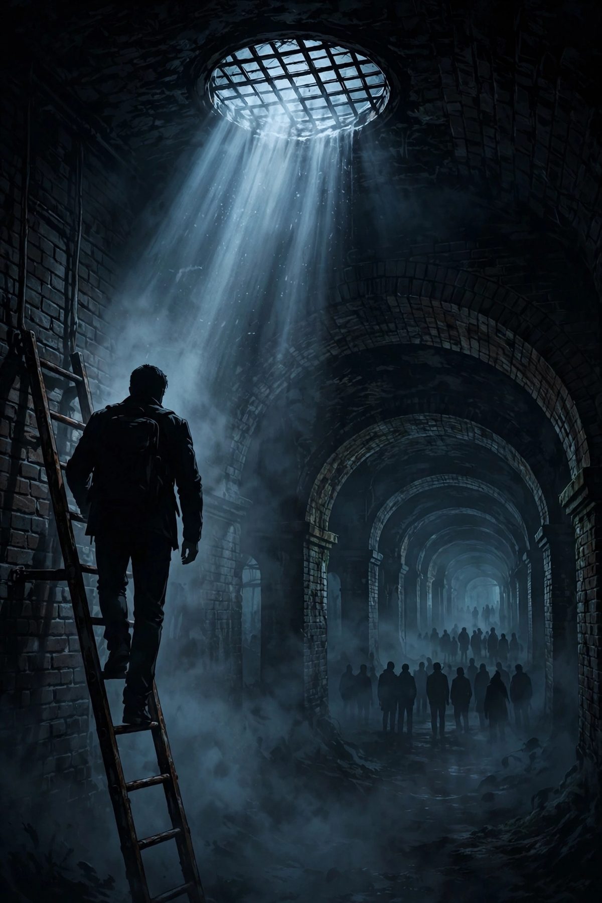 Illustration: a lone man seen from behind as a silhouette descending into abandoned tunnels beneath a city, shadowy figures lurking in the distance, no faces shown, no text
