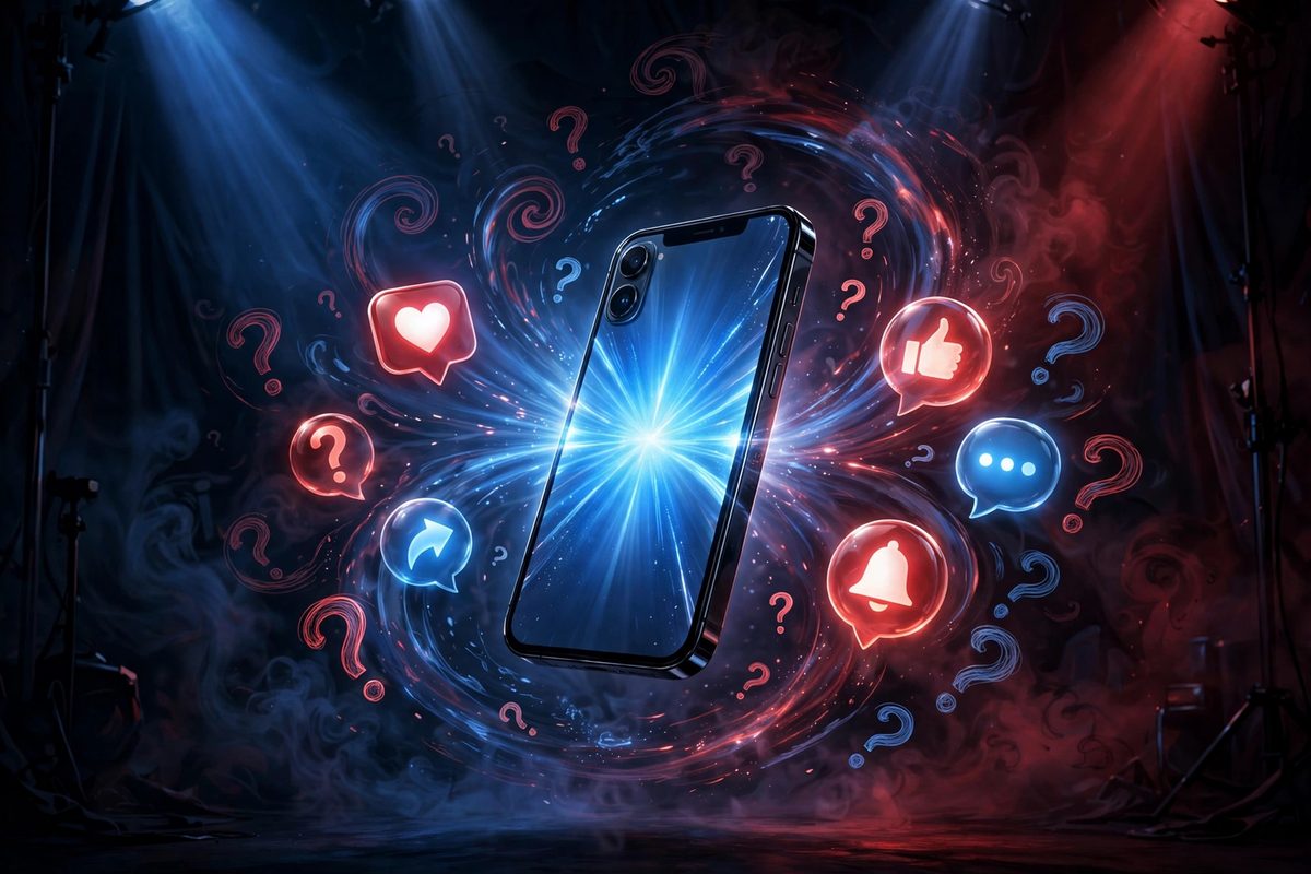 Illustration: a glowing smartphone surrounded by social-media reaction bubbles and question marks