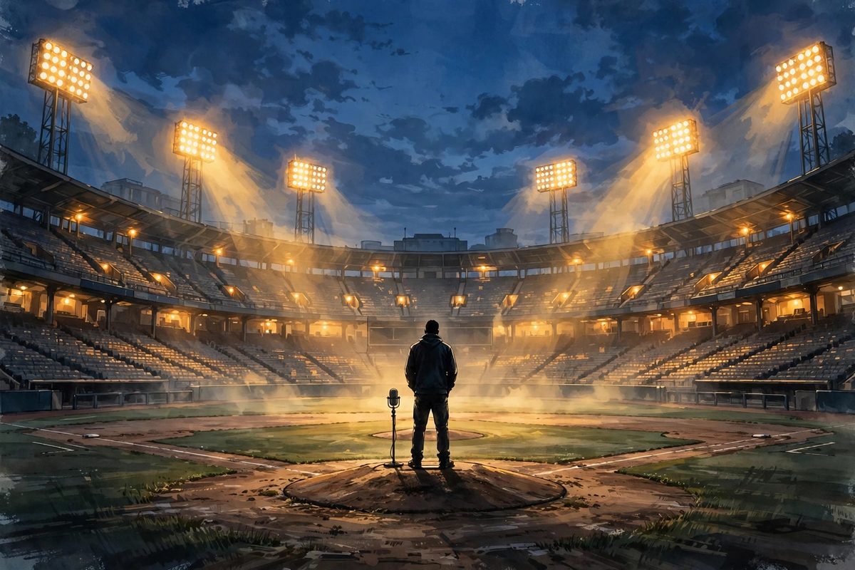 Illustration: a silhouetted singer at a microphone on a baseball field at dusk, under stadium floodlights